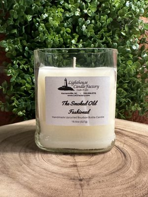 LHCF Upcycled Handcut Bourbon Bottle Candle in our exclusive The Smoked Old Fashioned scent