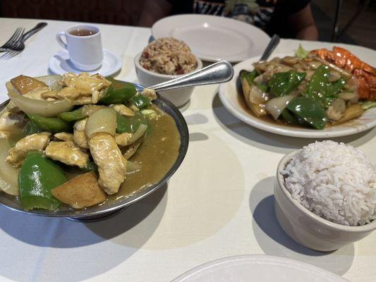 Curry Chicken, Lobster with Oyster Sauce, white rice & Pork Fried Rice