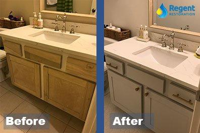 This bathroom had extensive water damage. We removed and dried the water and provided cabinet and floor renovations as well.