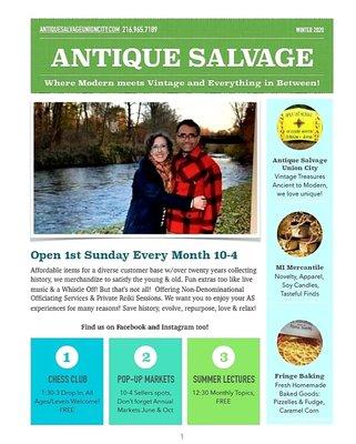 AS opens the 1st Sunday monthly at 8042 M60 in Union City, MI.  AntiqueSalvageUnionCity.com .   Sign up for our monthly email reminders!