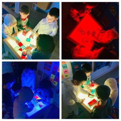 Exploring and learning with magna tiles and the lighting table!