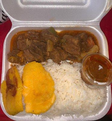 White rice with red bean sauce & stew beef with plantains $15