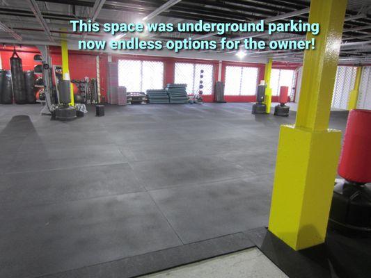 Underground garage space converted into a Cross fit mecca.NO glue or twofaced tape mess or cost.