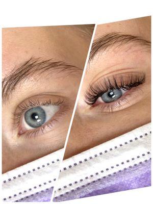 Before and after of a lash extension full set natural soft look