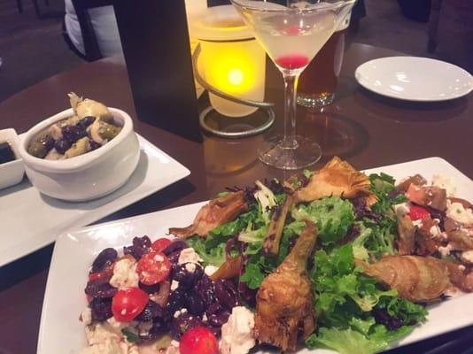 Marinated mixed olives and Santorini salad