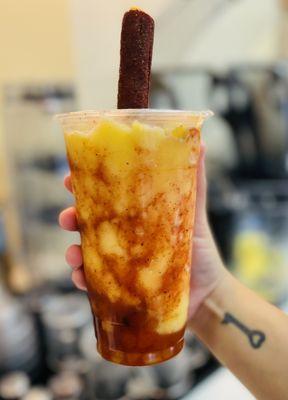 Mangoneada mango, chamoy with Tajín and mango jelly