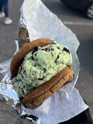 Green monstah ice cream with chocolate chip cookies.