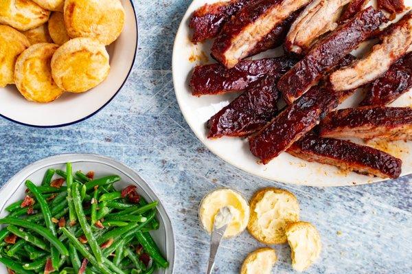 Kansas City Style Ribs with Smoky Barbecue Sauce, Buttermilk Biscuits with Whipped Honey Butter, and Green Beans with Bacon Vinaigrette