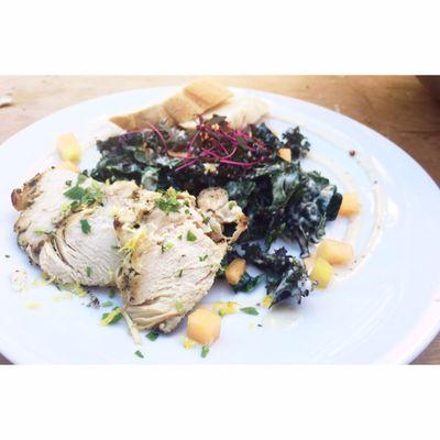 Chicken kale Caesar salad + cantaloupe + fresh baguette