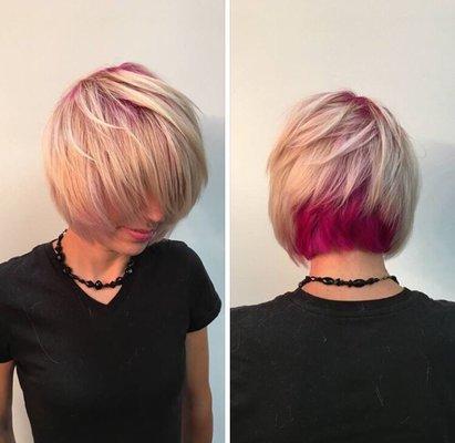 A platinum blonde with a pink shadow root