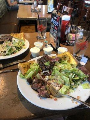 Delicious steak salad with a 10 ounce steak and the best blue cheese dressing in town! Big chunks of fresh blue cheese! For $19.