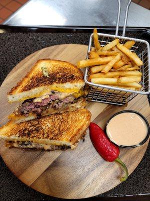 Double Patty Melt with Candied Bacon Jam, Caramelized Onion and Corner Fry Sauce