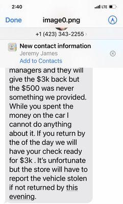 Threats about reporting car stolen