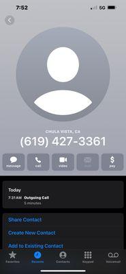 The number I called, 5 min call.