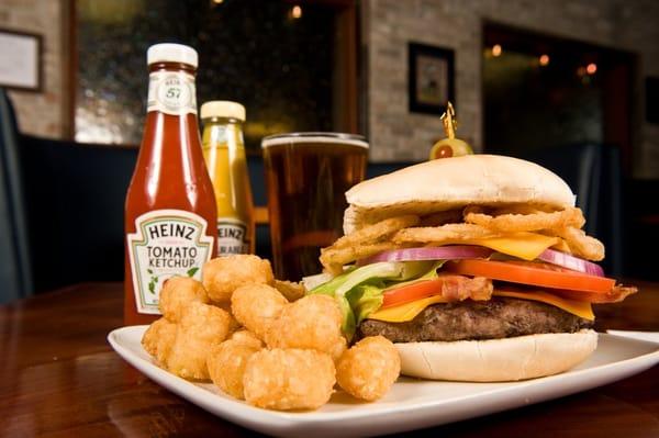 One of our signature bison burgers with sweet potato tots--yep, that's bison meat with sweet potatoes in tot form.