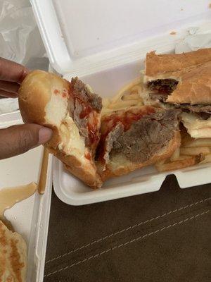 Cheesesteak where? No freaking meat on the steak. I through my entire order in the trash