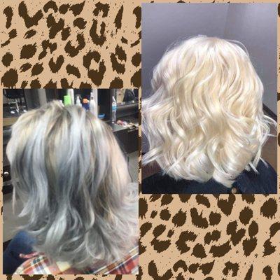 Before and after on a wonderful lady that had over-toned and over-processed hair to very silky and healthy blonde hair.