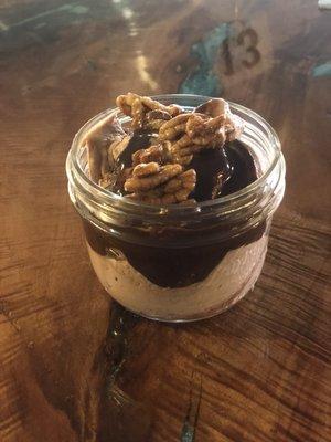 Chocolate mousse with ganache and candied pecans