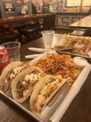 Hawaiian tacos, Buffalo chicken nachos, California quesadilla, truffle fries