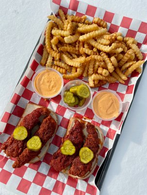 Nashville Hot Tenders with SOSauce, pickles and fries