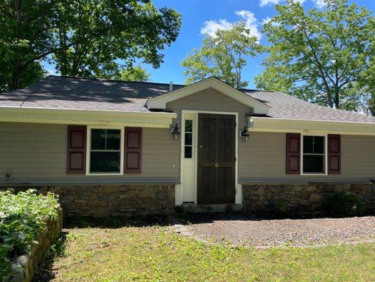 Soft wash,  cleaned green moss and grime from siding, gutters and trim.