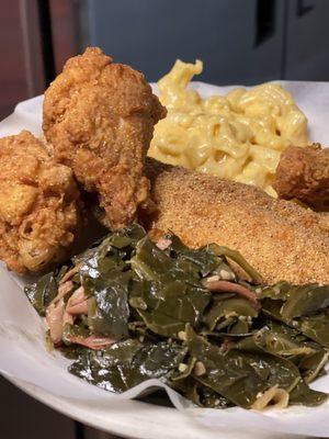 Soul Food at its BEST! Golden Fried Chicken & Catfish Plate with Collard Greens (non-pork item) & Baked Macaroni & Cheese