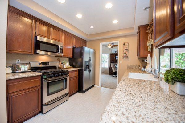 Kitchen with stainless steel appliances.