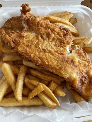 Fish and chips. Comes only with 1 cup of tartar sauce. No ketchup or lemon wedge. Very good fries. Nice light batter