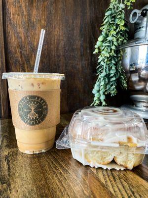 Iced Latte w/ a large cinnamon roll.