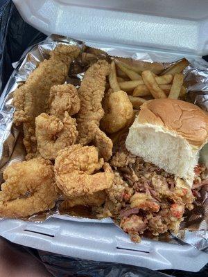 Fried fish, fried shrimp, seafood rice and fries