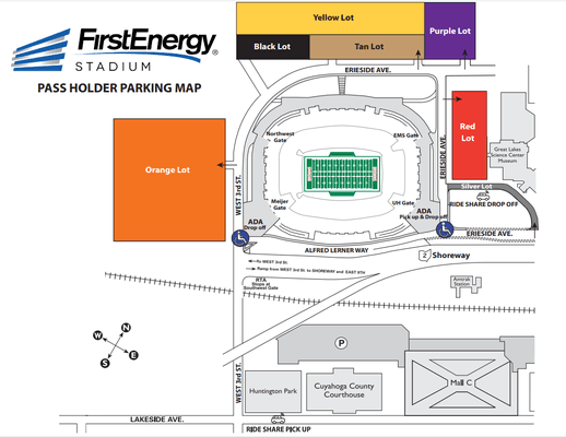 Cleveland Browns season pass holder parking map. If you don't have a pass, plan ahead and book your parking in advance with ParkMobile.