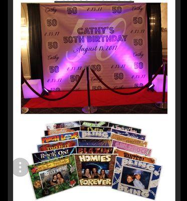 step & repeat with led cubes, red carpet, stanchions, personalize banner and funny frames . www.lipartydepot.com