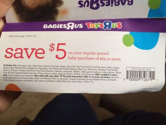 $5 off $25 Babies R Us coupon. Expires 12/31/15