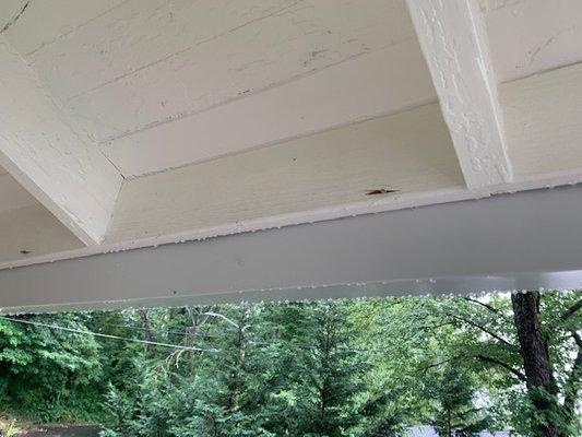 exposed screws (not screwed into crossbeams as had been done previously) - and drastic angled gutters.