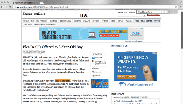 NY Times: Criss' Apache County Attorney, 8 year-old murderer case ( http://www.nytimes.com/2008/11/30/us/30arizona.html?_r=0 )