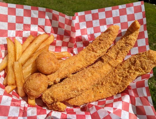 Fried Catfish, Fries, and Hushpuppies