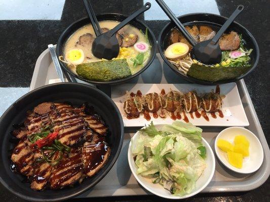 Tonkotsu Ramen $10.99, Shoyu Ramen $10.99, Chashu-don (rice) $11.99, and the app in the middle, Takoyaki $5.99.