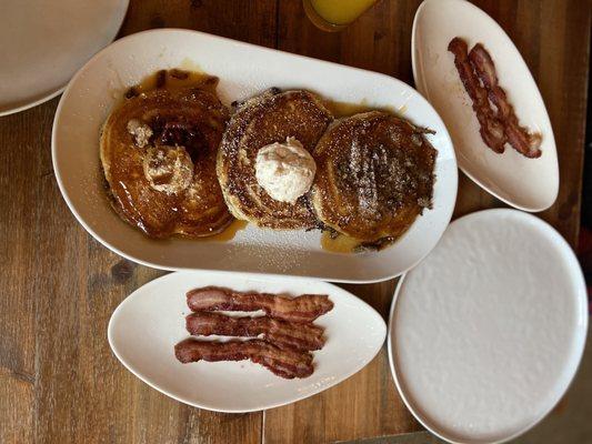 Pancake flight with 2 sides of bacon!