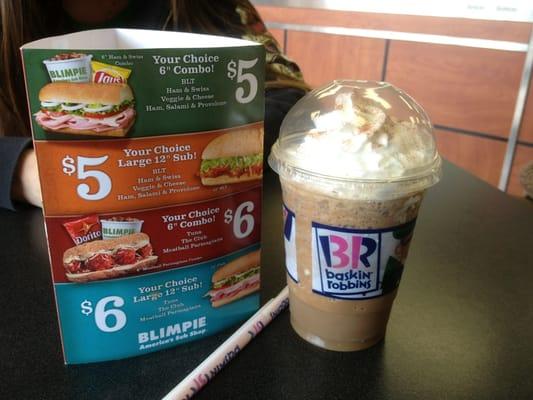 Here is a cappuccino blast from Baskin Robbins and the menu of there 5 Dollars footlong or 6in and 6 dollar subs