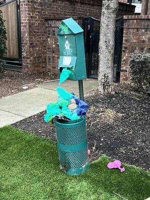 Never empty the dog bins or help maintain the dog areas turf (be VERY careful where you step)