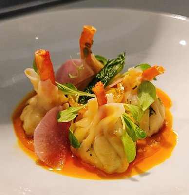 Lobster dumplings in a miso chile vinaigrette