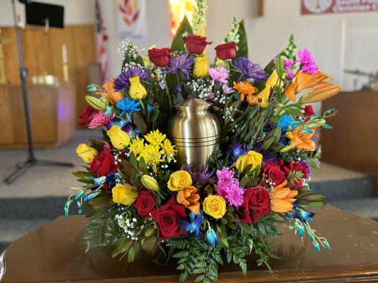 Gold Metal Urn with Multi Color Flower Wreath