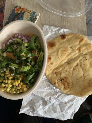 Tandoori Paneer bowl with garlic naan! Delicious flavors! Good food, fast! Bombay Burrito is  indeed!