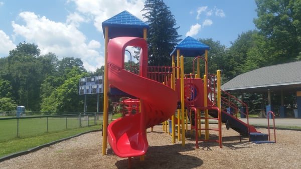 Twisty Slide (front) and Covered Picnic Tables (back right)