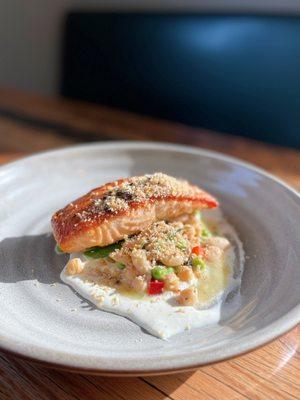 Seared Salmon with White Bean Mediterranean Salad, Black Olive Crumble, Whipped Feta, & Lemon Vinaigrette