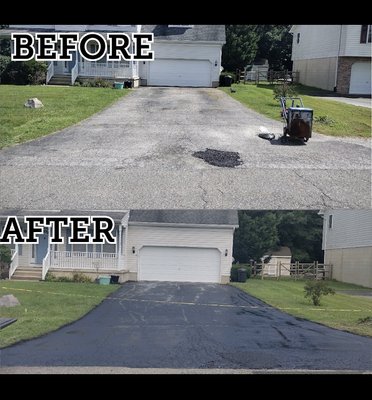 A before and after of a driveway we seal coated.