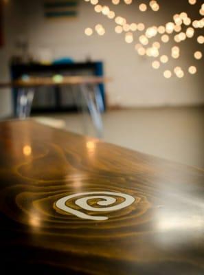 Pewter metal inlay on Beechwood dining table