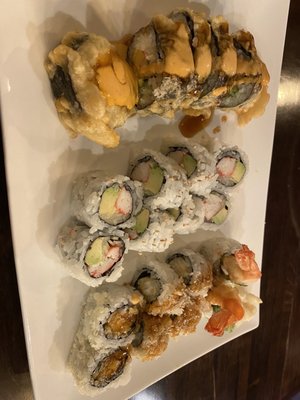 California Roll, shrimp tempura roll and Boston bays roll