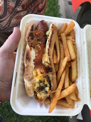 Jalapeño pineapple dog with chili lime fries