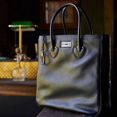 leather 'Essex' tote with sterling silver engraved with your initials